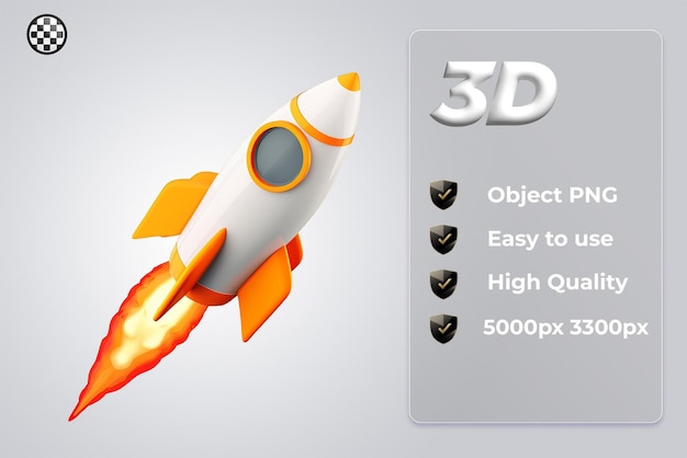 PSD 3d model of a rocket with white orange