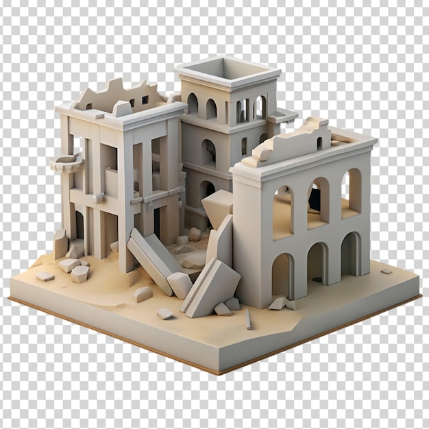 A 3D model of a ruined building on transparent background