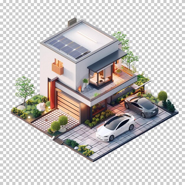 3d modern house with solar panels black and white roof panels isolated on transparent background