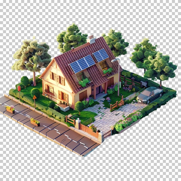 3d modern house with solar panels black and white roof panels isolated on transparent background