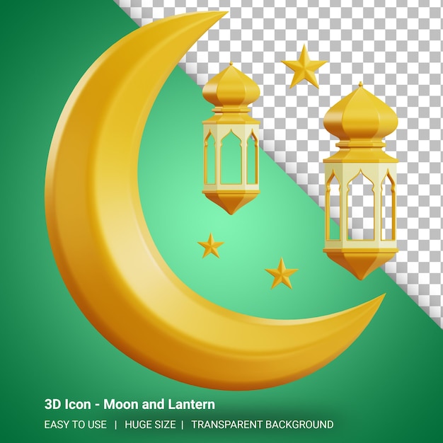 3d moon and lantern illustration with transparent background