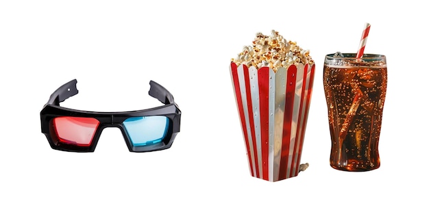 3D movie glasses popcorn and soda