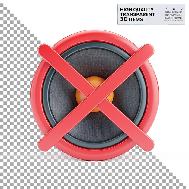 PSD 3d mute icon a crossed out speaker icon representing on transparent background