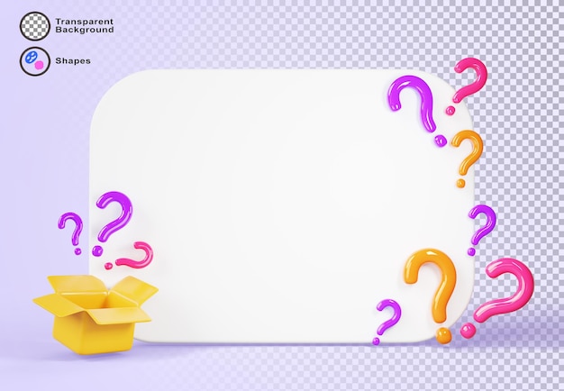 PSD 3d mystery gift box and white banner frame with question marks on render background concept of contest or quiz game with bonus or surprise present open package giveaway post poster