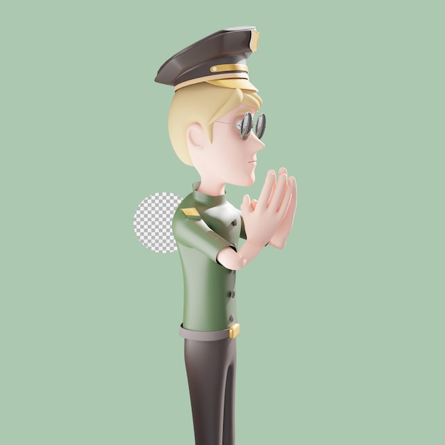 3d national army character illustration standing and raising hands respectfully premium psd