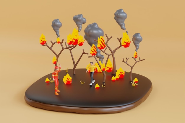 3D Natural disasters forest fires people running away from flame of burning forest trees