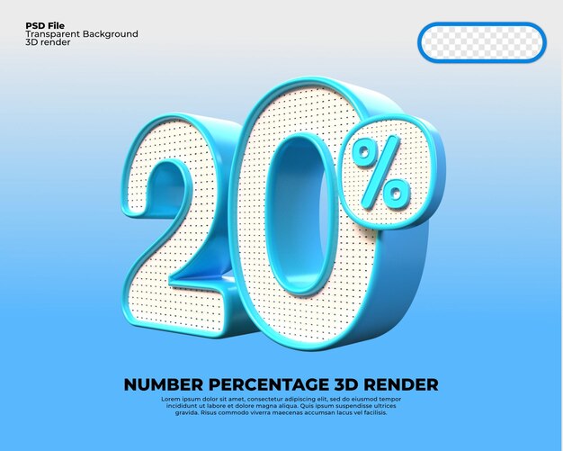 3D number 20 percentage discount render PNG color blue