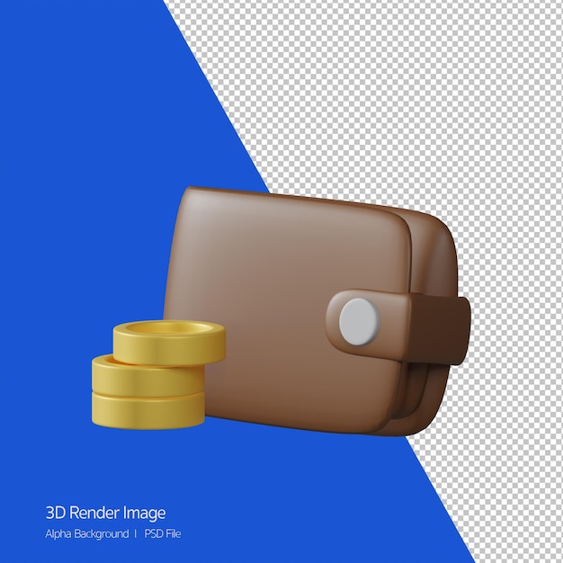 3d object Rendering of brown leather wallet. Icon of wallet, have some of coin.