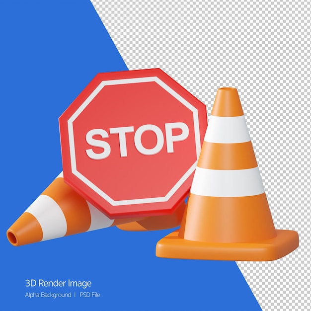 3d object Rendering of traffic sign. Stop under construction , traffic cone.