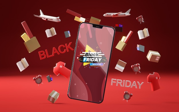 3d objects and phone for black friday on red background