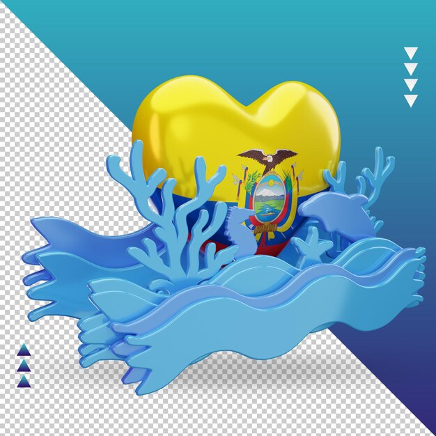 3d ocean day Ecuador love flag rendering left view