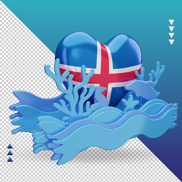 3d ocean day Iceland love flag rendering left view