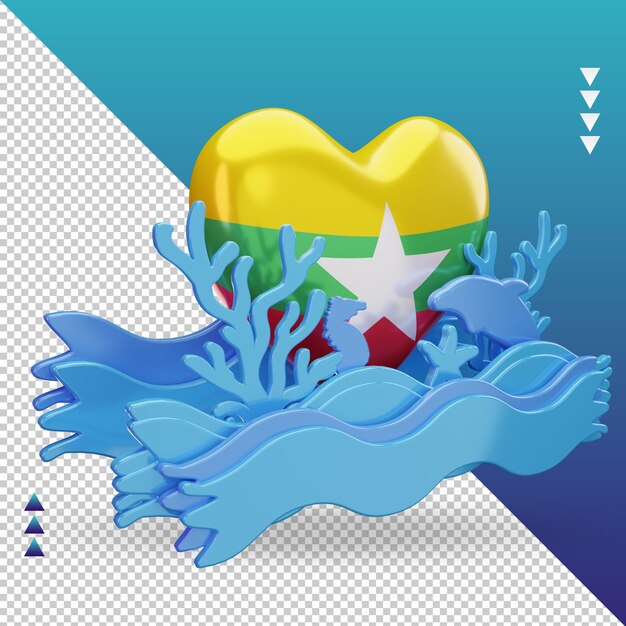 3d ocean day Myanmar love flag rendering left view