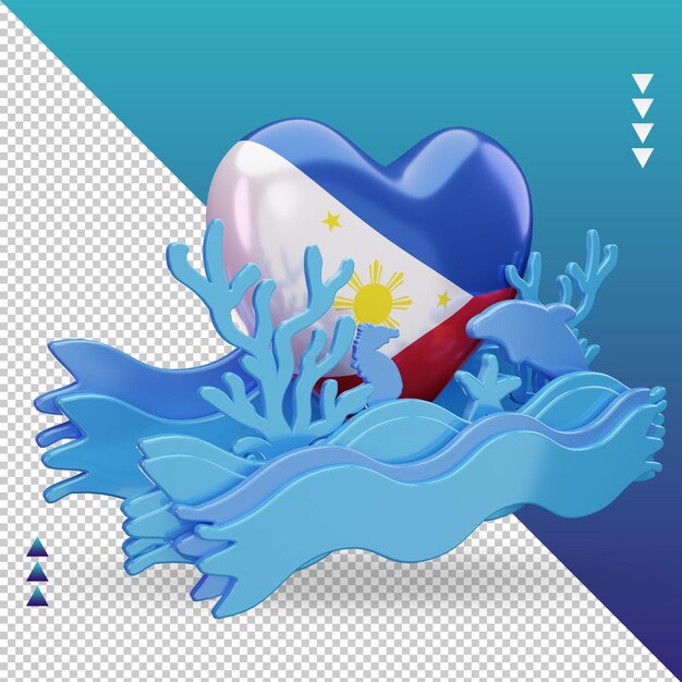 3d ocean day Philippines love flag rendering left view