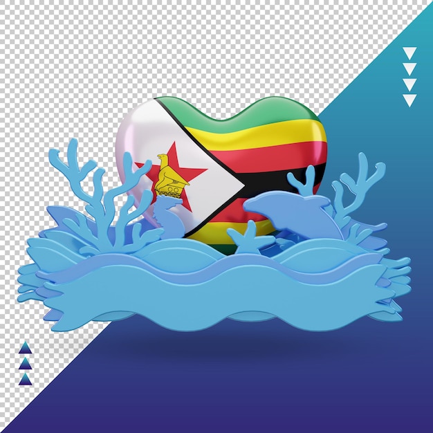 3d ocean day Zimbabwe love flag rendering front view