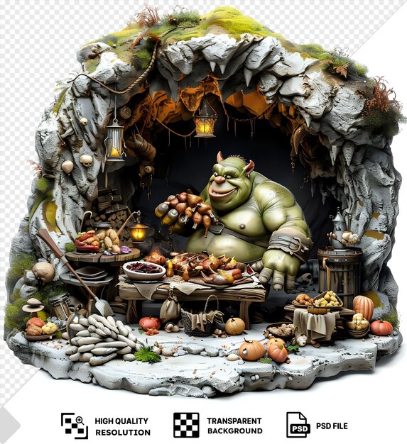 PSD 3d ogre cartoon feasting on a banquet of roasted meats in a dark cave