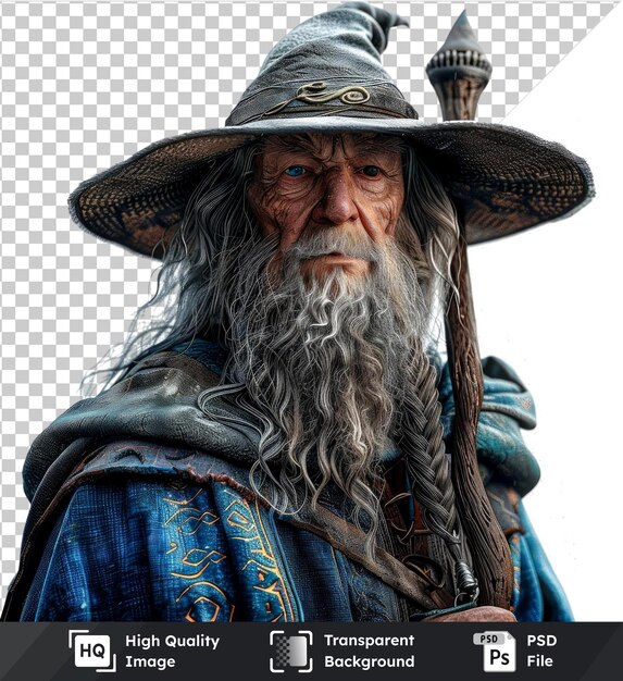 PSD 3d old man mage in blue jacket hat long beard on transparent background