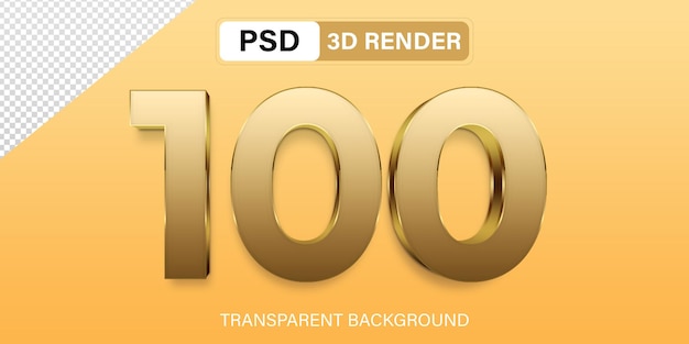 3d One hundred Number 100 gold color isolated on transparent background