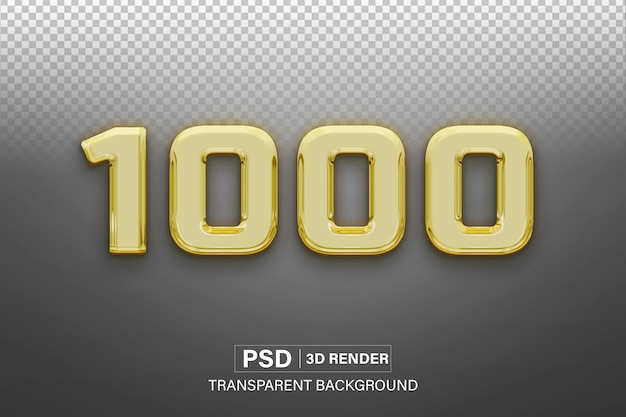 3d one thousand Number 1000 Golden metallic effect isolated on transparent background