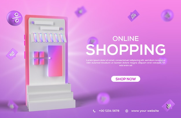 3d online shopping social media banner with mobile concept