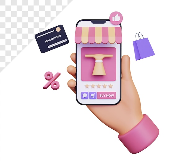 3d online shopping via smartphone with discount icon and shopping bag