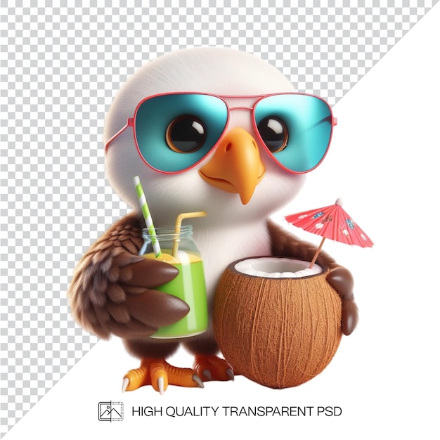 3d owl mascot eating coconut on the beach transparent background