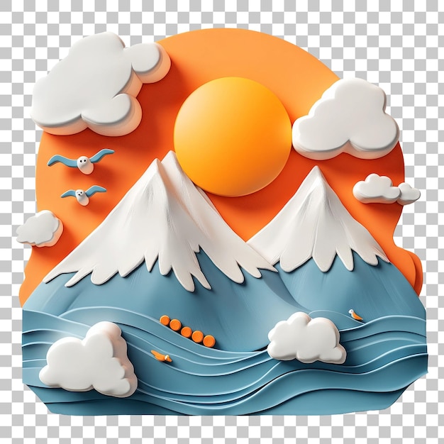 3d Paper Art of Mountain Landscape with Sun and Clouds