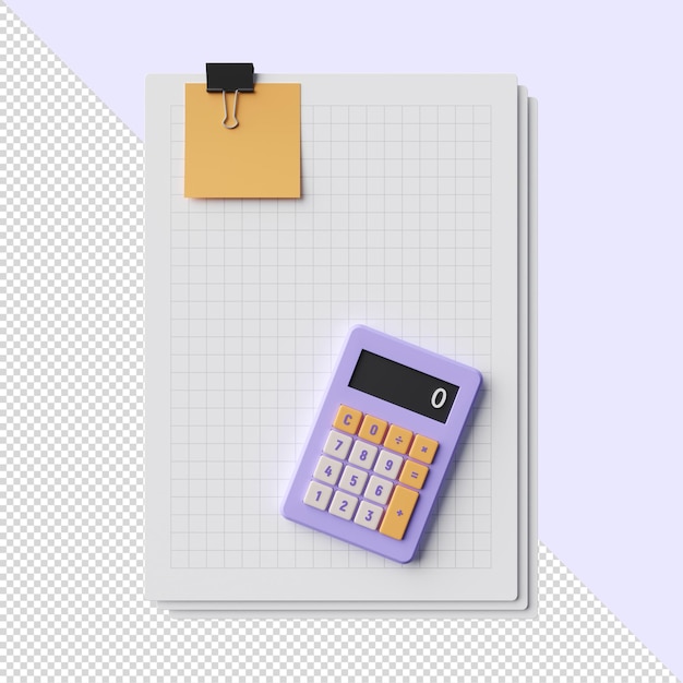 3D paper sheets with paper clip and memo sticker and calculator