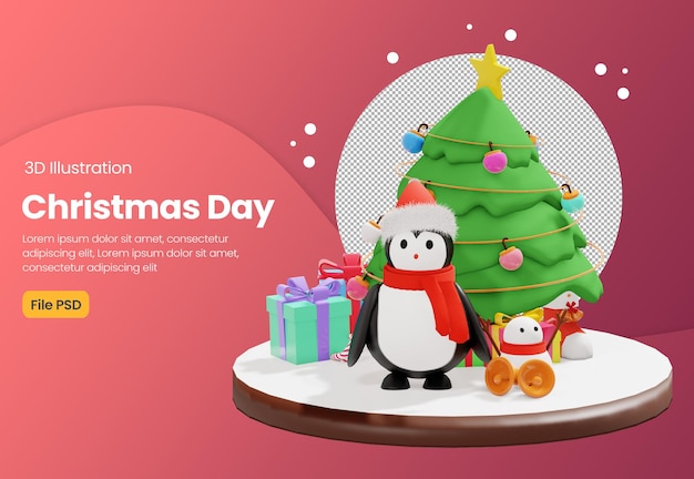 3d penguin illustration with christmas day theme