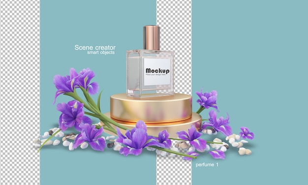 3d perfume bottle illustration among flowers