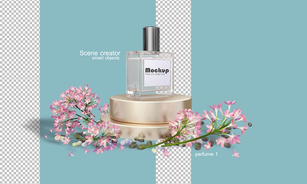 3d perfume bottle illustration among flowers