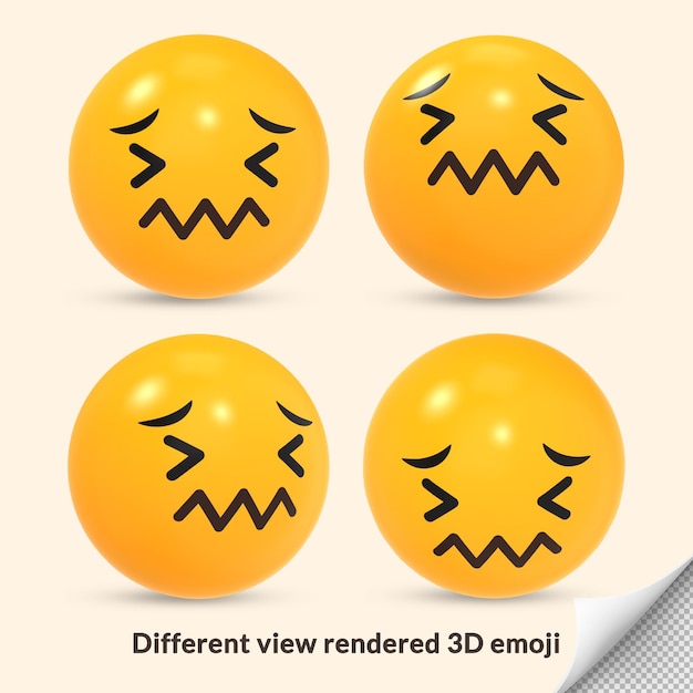 3D persevering frustration helplessness struggle face emoji reaction icon with different view render