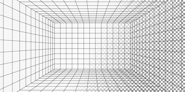 PSD 3d perspective of wireframe white room background empty futuristic digital rectangle laser line box interior with black mesh walls sci fi matrix grid abstract virtual space render