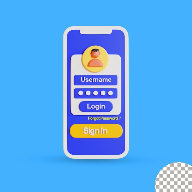 3d phone with a user account to log into the website on transparent background