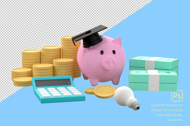 3D Piggy bank and graduation cap collecting money for education ideaxA