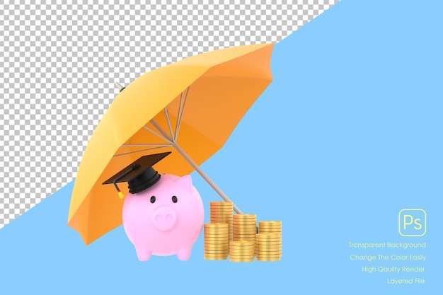 3D Piggy bank and graduation cap with coins under an yellow umbrella