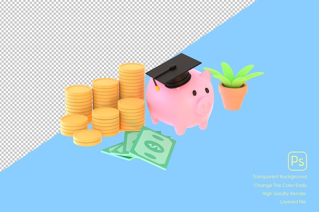 3D Piggy bank with graduation cap collecting funds for education