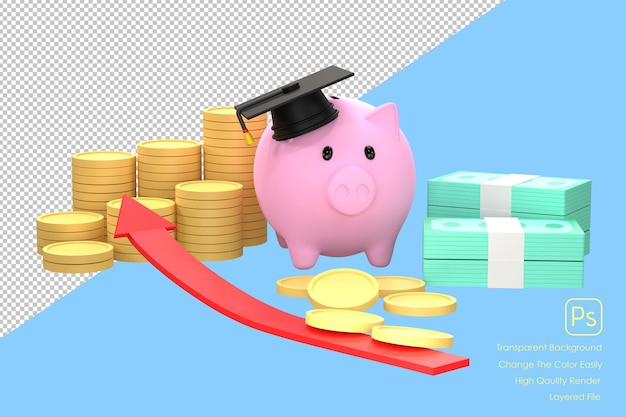 3D Piggy bank with graduation cap collecting funds for educationxA