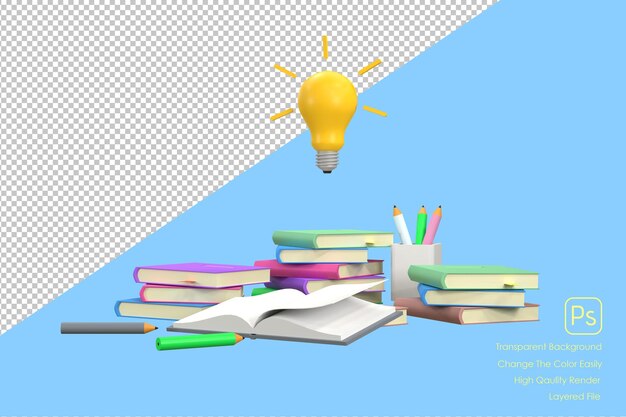 PSD 3d a pile of books pencils learning indicates an educational story and a light bulb represents