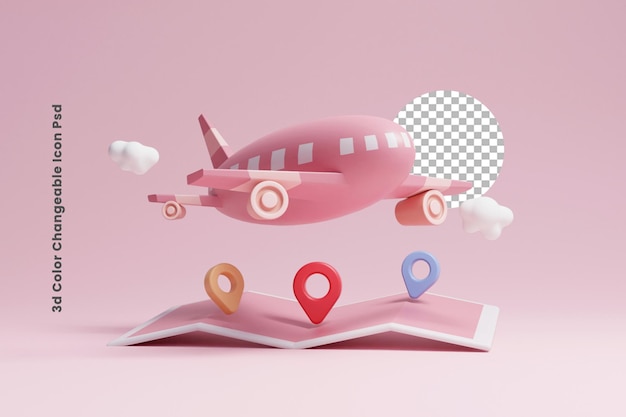 3d pin location travel planing concept ui icon or 3d pin map with flight plane travel