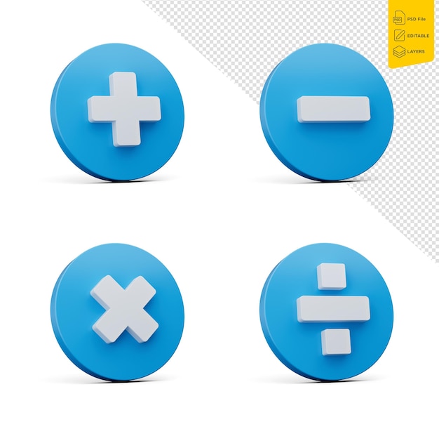 3d Plus Minus Multiply And Divide Signs With Blue Buttons On White Background 3d illustration