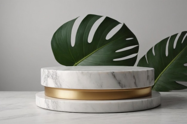 3D Podium Gold and White Marble Texture with Tropical Leaf for Cosmetic Stand