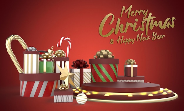 3D Podium Happy New Year 2022 and Christmas holiday celebration and advertisement social media post