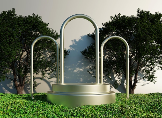 3D podium with silver rings and soccer field grass with tree mockup for product presentation