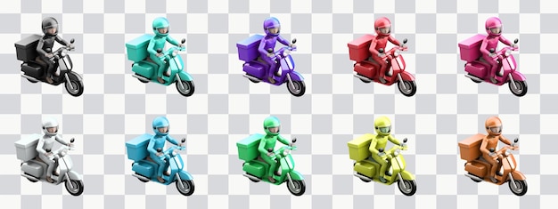 PSD 3d postal man delivery man riding a blue electric motorbike collection soft smooth lighting