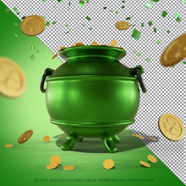 3D Pot and Gold Coins for St. Patrick's Day Rendering