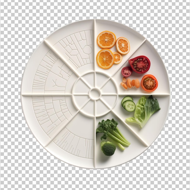 A 3D printed plate with portions marked for a balanced diet on white background