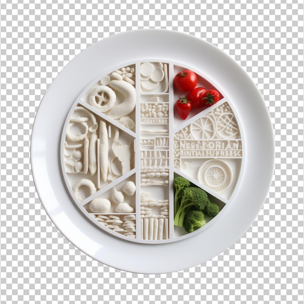 A 3D printed plate with portions marked for a balanced diet on white background