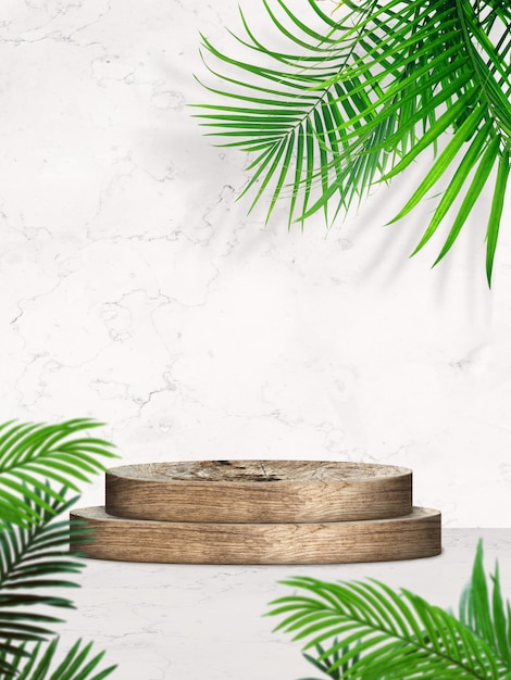 3d product presentation marble background psd with wood podium and palm leaf