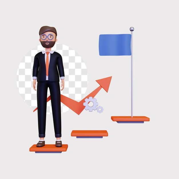 PSD 3d progress illustration with a male businessman character and ladder of success